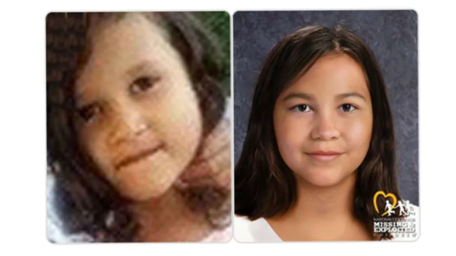 montagem mostra menina na epoca do desaparecimento a esquerda e ilustracao com progressao de idade a