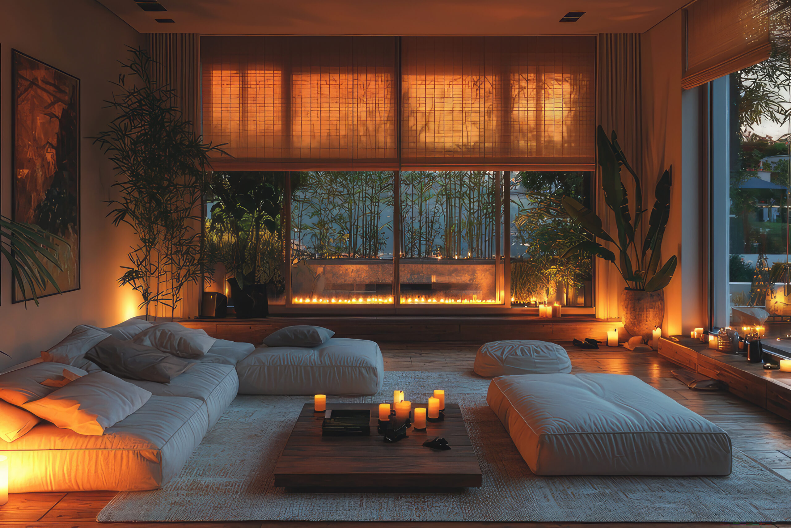 living room without electric light. inside a modern house during a blackout at night, illuminated only by candles and a few flashlights