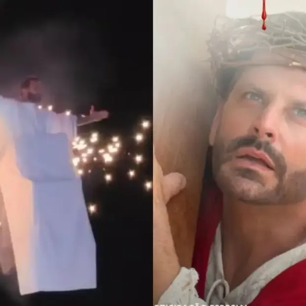 figurino de henri castelli pegou fogo durante encenacao da paixao de cristo. foto reproducao