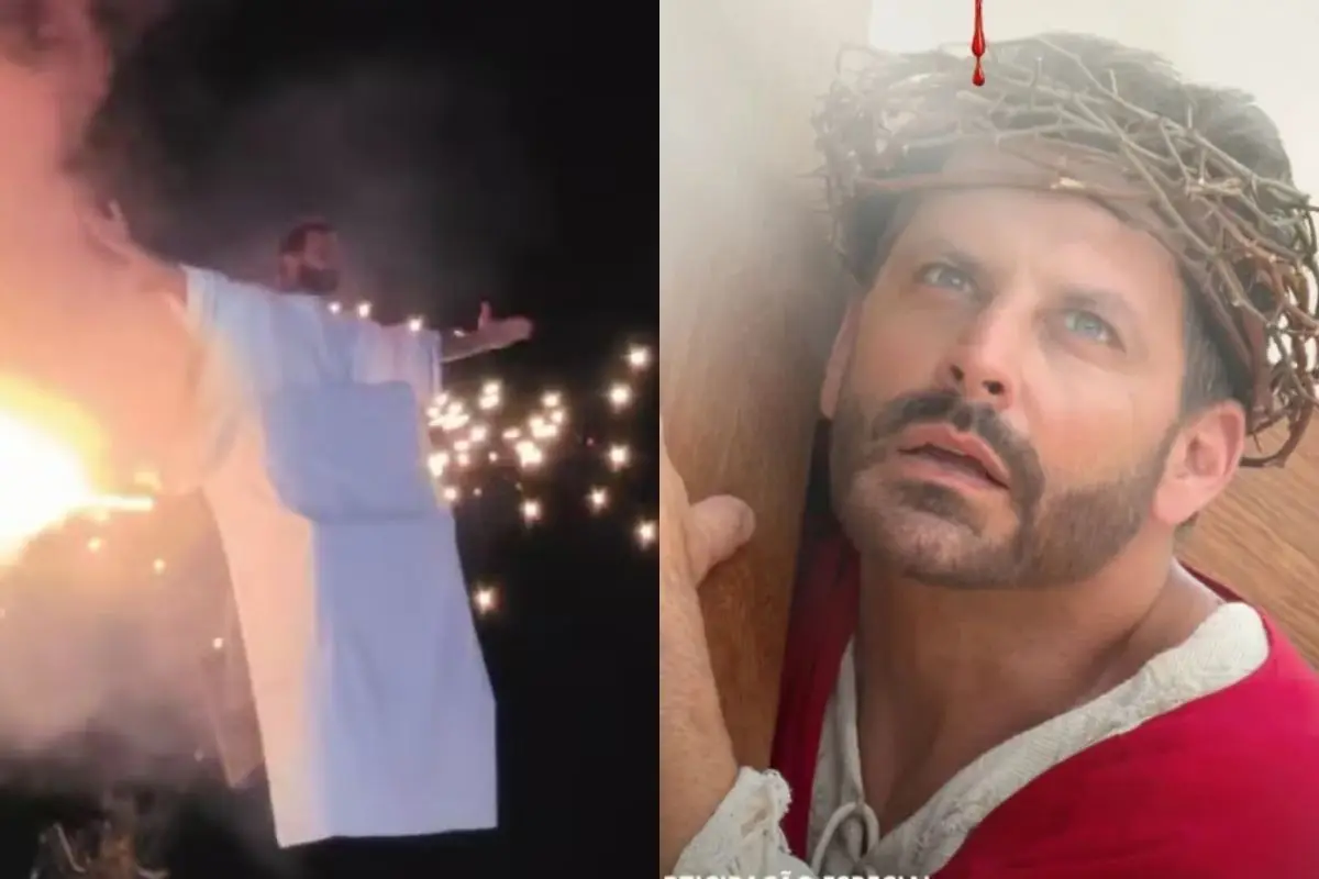 Henri Castelli tem figurino pegando fogo na Paixão de Cristo em Lindóia