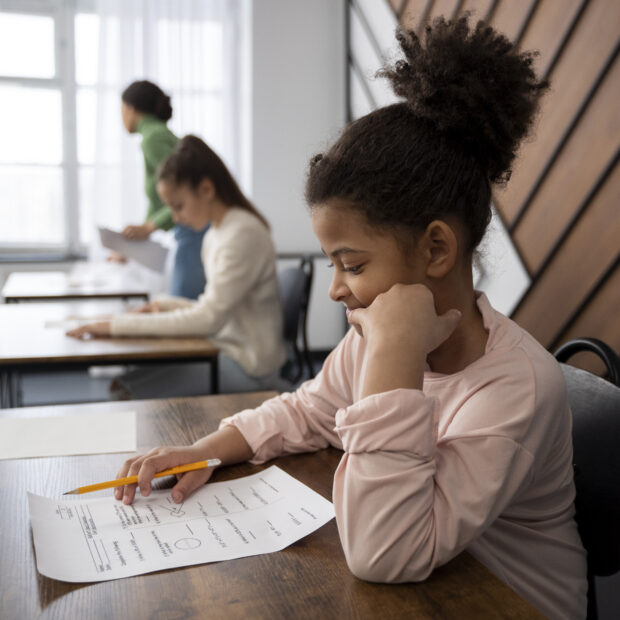 medium shot kid cheating school test