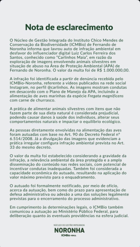 IcmBio de Noronha emite nota sobre multa aplicada em Carlinhos Maia | Créditos: Reprodução (Instagram)
