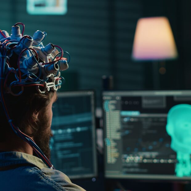 developer with eeg headset on programming brain transfer into virtual world