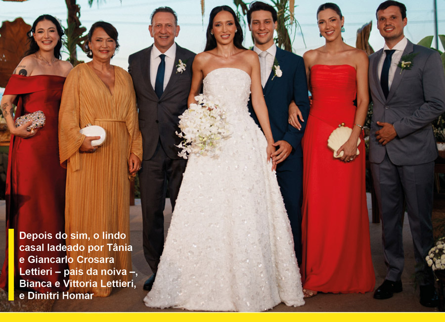depois do sim, o lindo casal ladeado por tânia e giancarlo crosara lettieri – pais da noiva –, bianca e vittoria lettieri, e dimitri homar