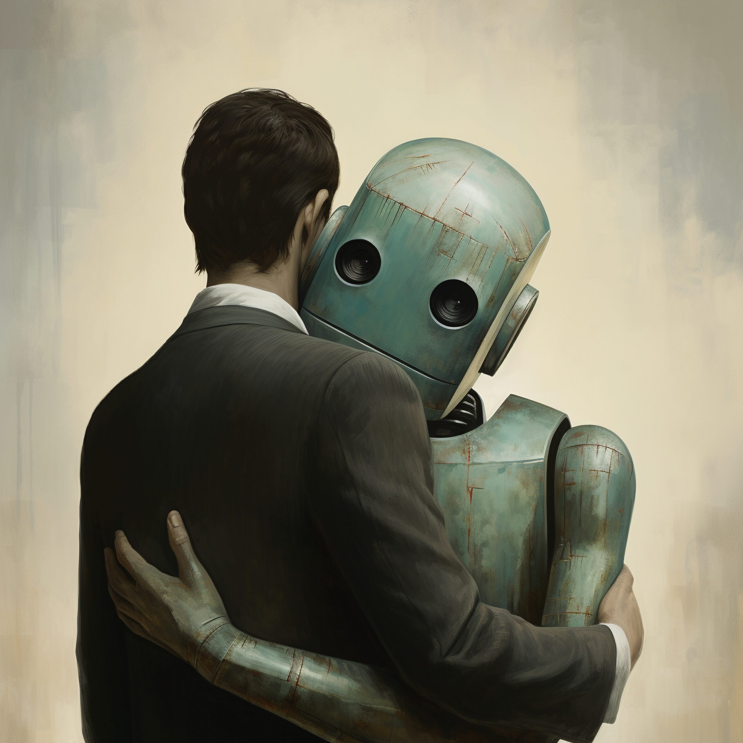 medium shot robot hugging man