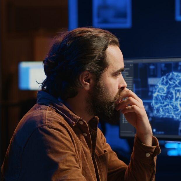 programmer using computer to update ai neural networks, drinking coffee