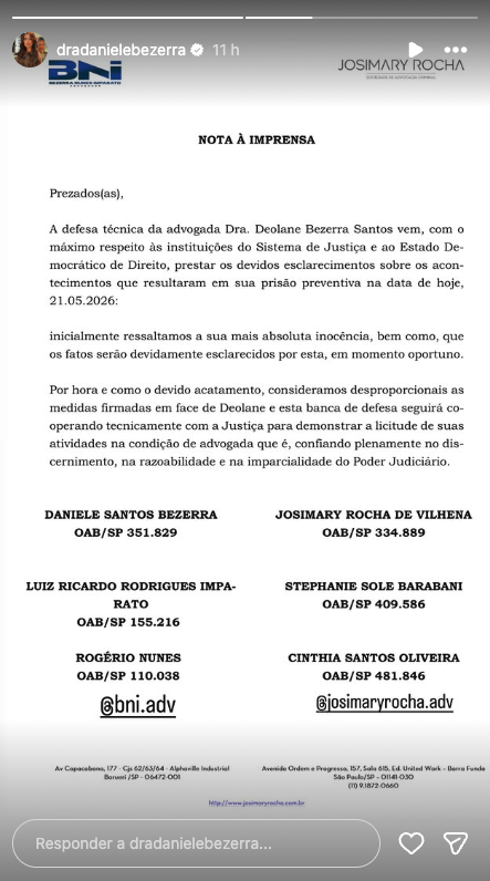 Pronunciamento da defesa de Deolane