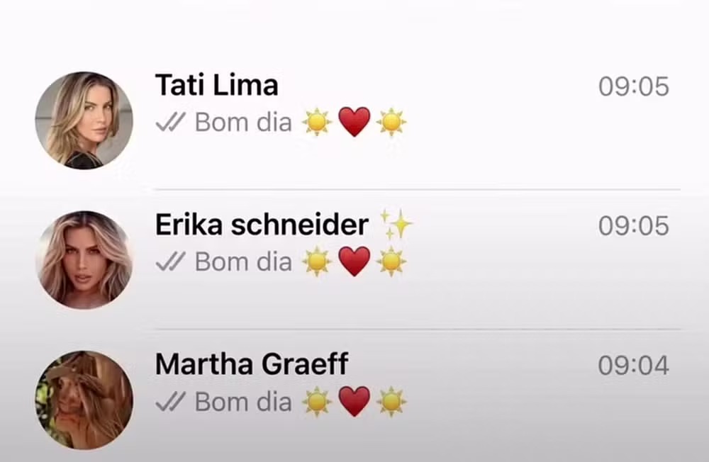 Prints de mensagens de &ldquo;bom dia&rdquo; enviadas por Daniel Vorcaro para famosas voltaram a viralizar nas redes sociais ap&oacute;s declara&ccedil;&atilde;o de Erika Schneider. - Reprodu&ccedil;&atilde;o Instagram