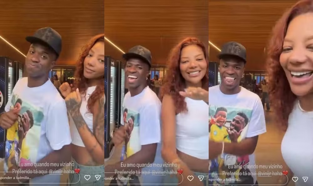 Jogador surgiu descontraído ao lado de Ludmilla durante passagem pelo Brasil
