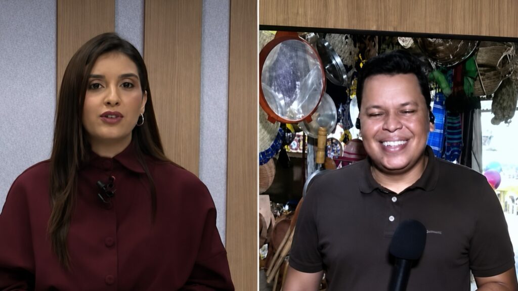 Ingrid Feijó reagiu com bom humor ao bocejo do repórter durante o programa “Nosso Dia”. - Reprodução TV