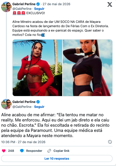 Segundo relatos divulgados por Gabriel Perline, Aline Mineiro já teria avisado antes da festa que brigaria com Mayara Cardoso durante o evento da Paramount. - Reprodução