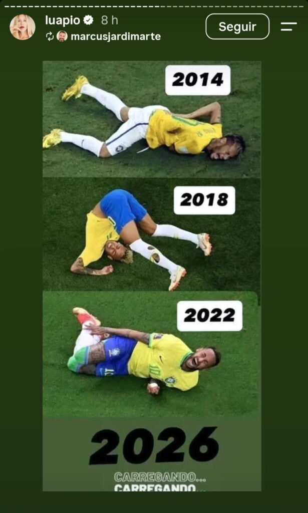 Atriz ironizou lesões do jogador em montagem sobre as Copas do Mundo. (Foto/Reprodução: Instagram)