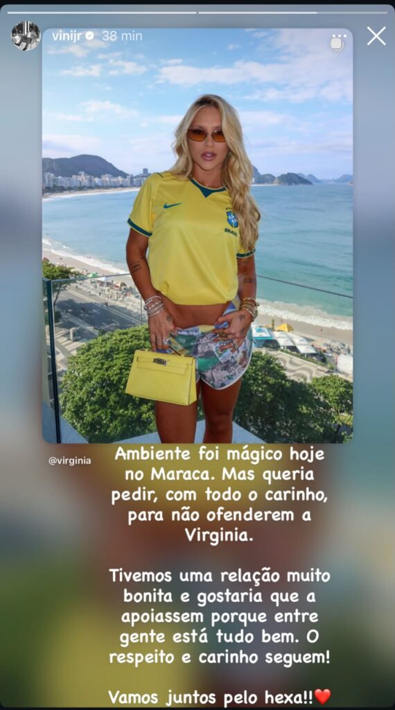 O stories de Vini Jr em defesa de Virgínia repercutiu nas redes, mas a falta de interação após o agradecimento da influenciadora abriu espaço para novas interpretações.