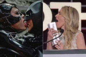 Michelle Pfeiffer lambeu o troféu recebido durante o Gotham TV Awards