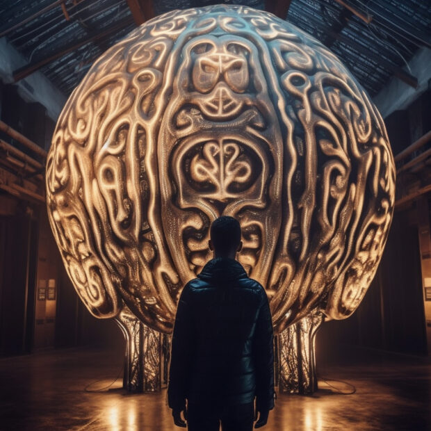 man stands front brain ball dark room