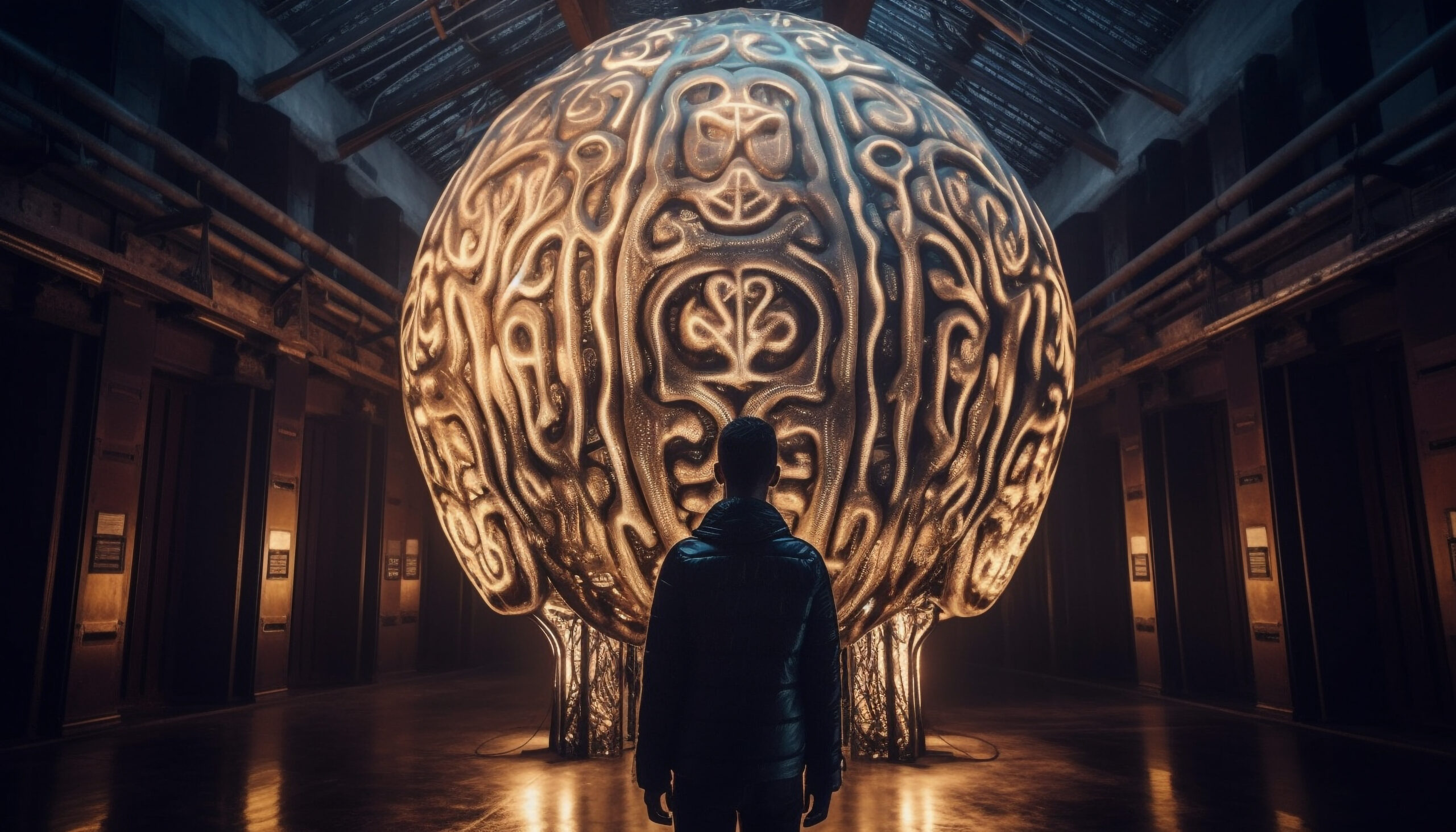 man stands front brain ball dark room
