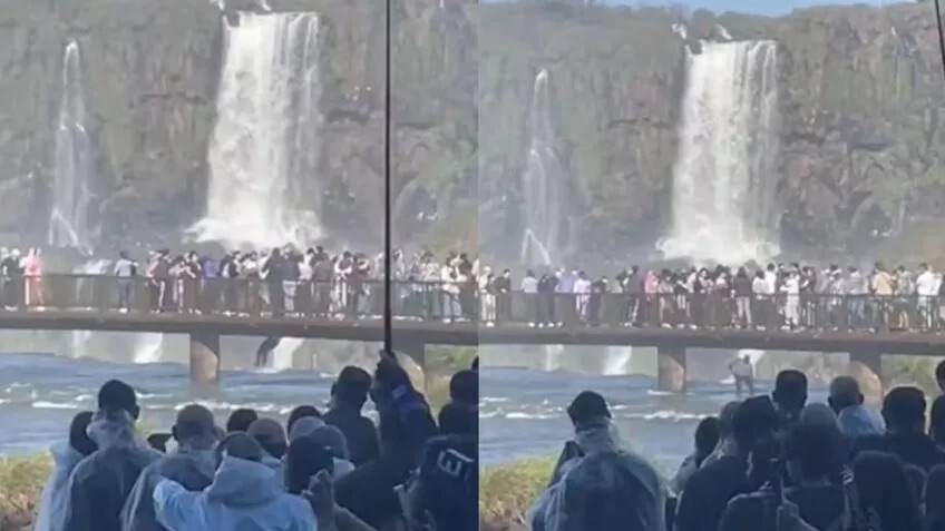 Homem pula na água perto das Cataratas do Iguaçu (PR) para r