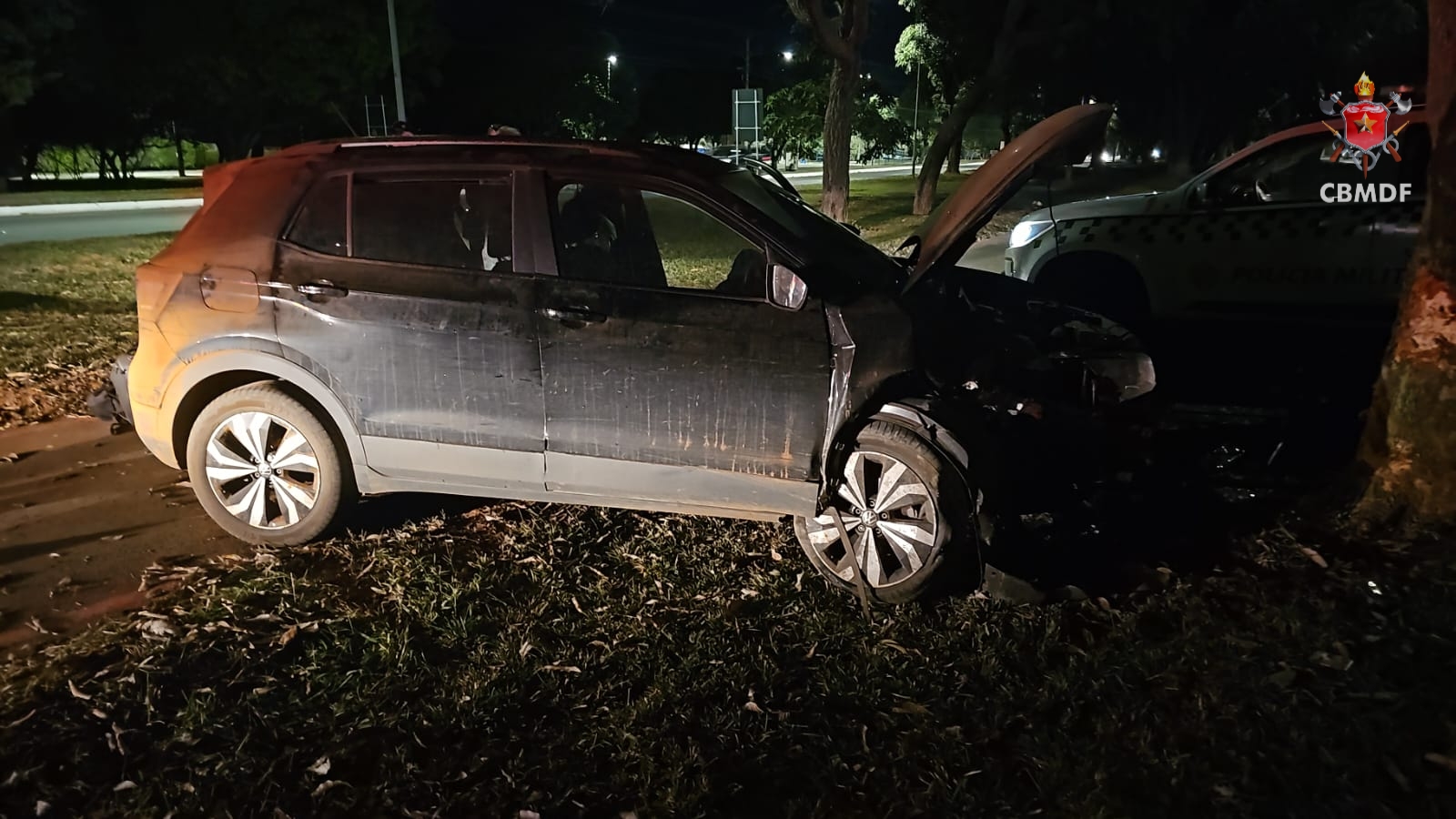 Motorista sai ileso após carro colidir contra árvore no Lago