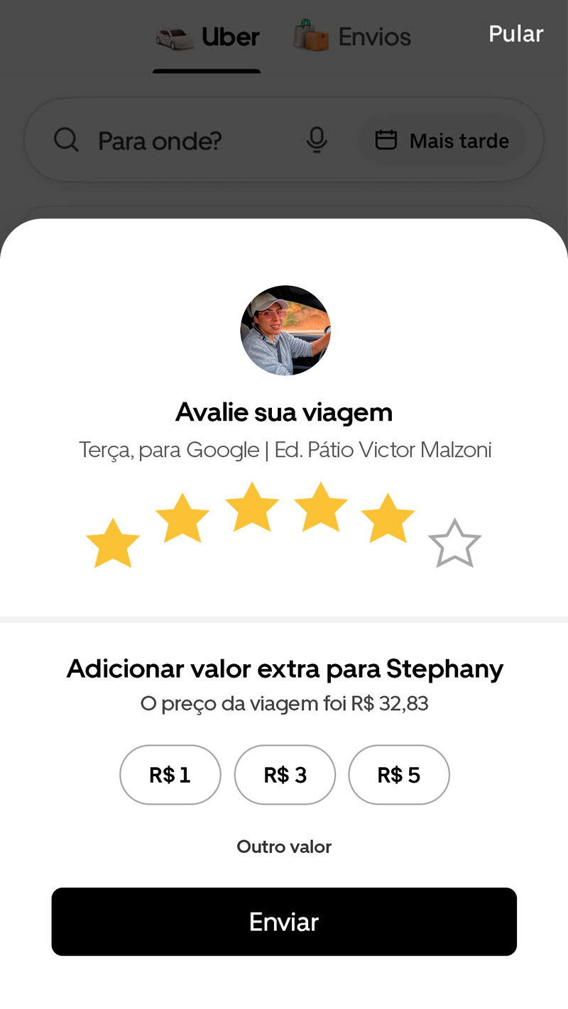 Uber libera avaliação de 6 estrelas exclusiva no B