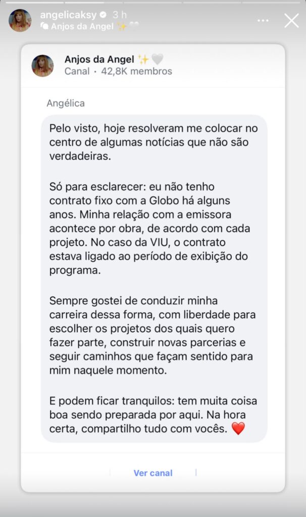 Fim dos boatos! Angélica esclareceu sua relação com a Globo, explicou o encerramento do vínculo com a VIU e tranquilizou os fãs com promessa de novos projetos.
