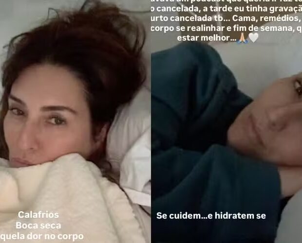 Atriz e apresentadora revelou dores musculares e foi orientada a fazer repouso absoluto nos próximos dias.