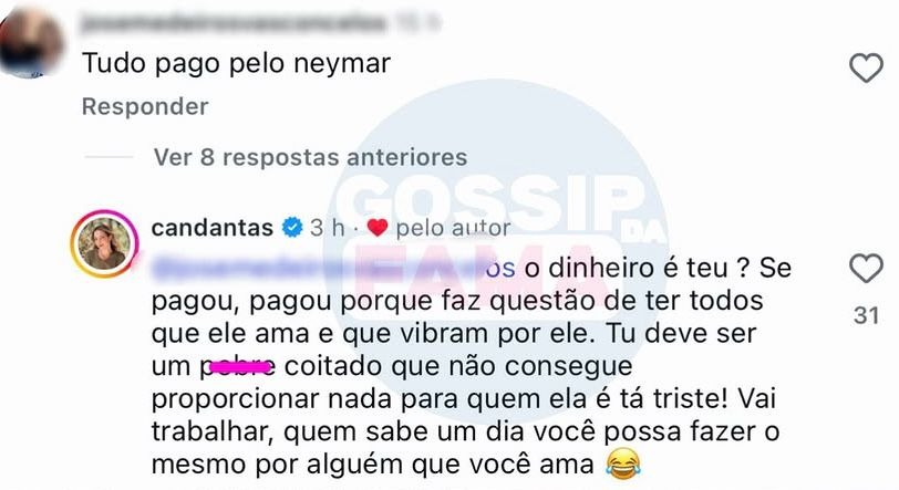 A influenciadora rebateu críticas após ser acusada de viajar para a Copa às custas de Neymar
