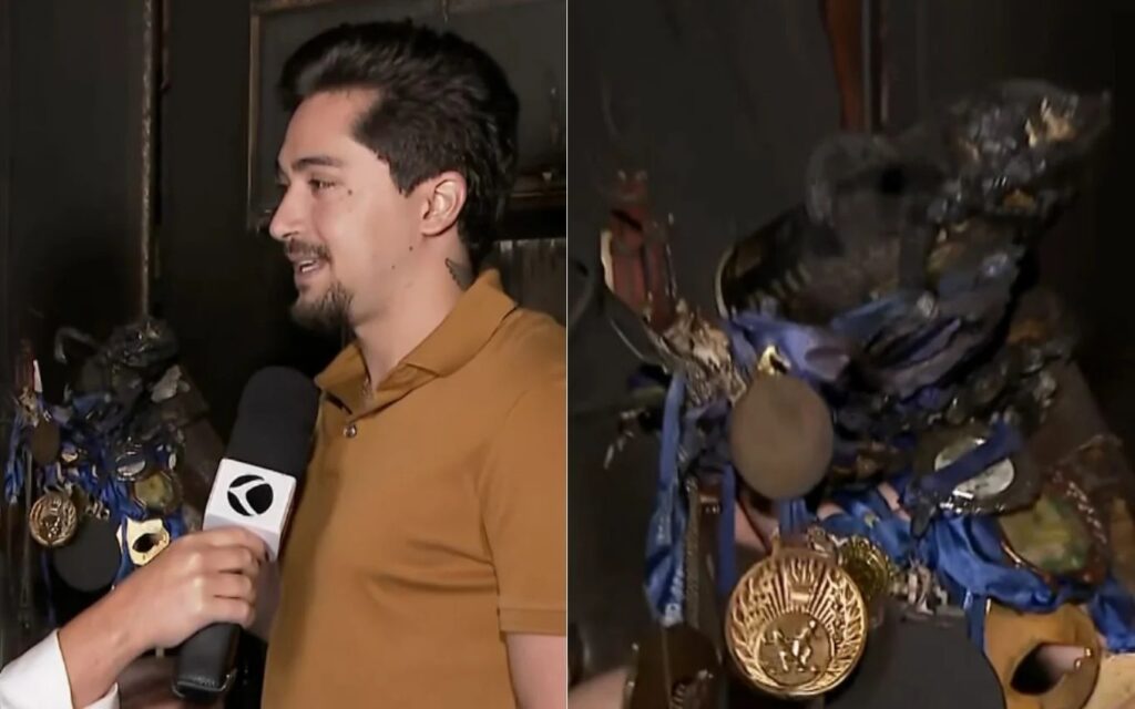 Bruno Danese mostra o quarto destruído pelas chamas em Uberlândia