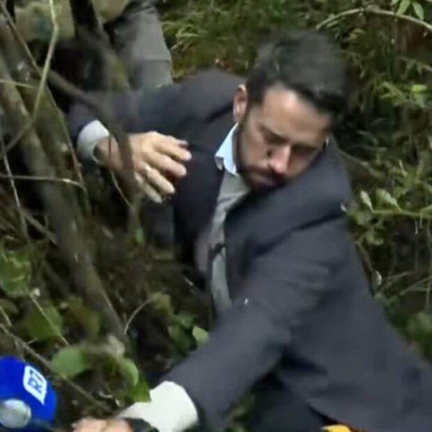 Foto 1: Dionísio Freitas caiu duas vezes durante entrada ao vivo no Cidade Alerta Foto 2: Reinaldo Gottino reagiu assustado ao ver o colega se desequilibrar na mata Foto 3: Jornalista foi ajudado por socorrista e continuou a reportagem após o susto