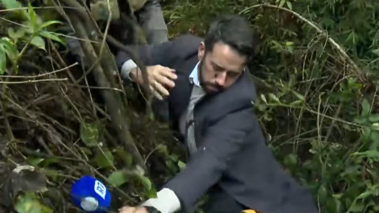 Foto 1: Dionísio Freitas caiu duas vezes durante entrada ao vivo no Cidade Alerta Foto 2: Reinaldo Gottino reagiu assustado ao ver o colega se desequilibrar na mata Foto 3: Jornalista foi ajudado por socorrista e continuou a reportagem após o susto
