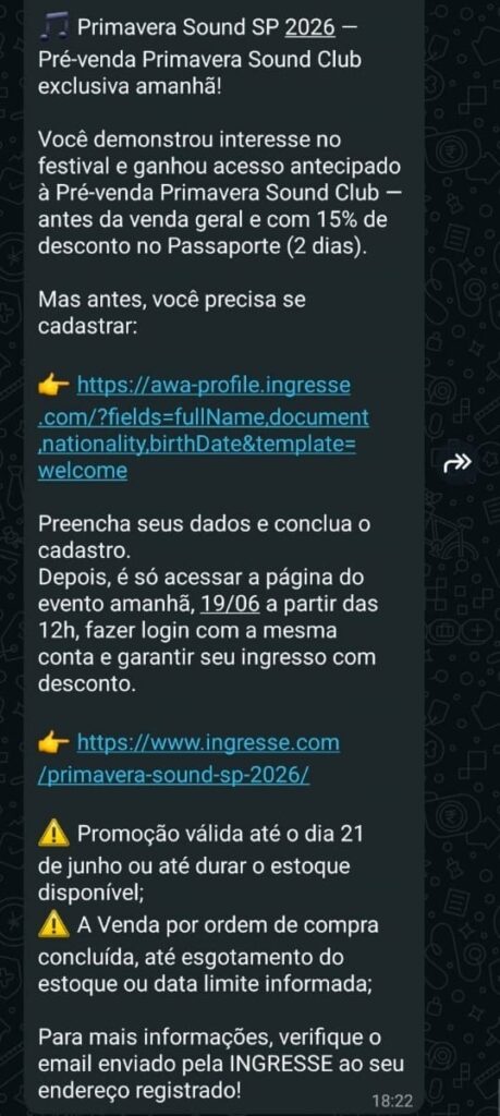 Fãs receberam mensagens sobre compra antecipada de passaportes