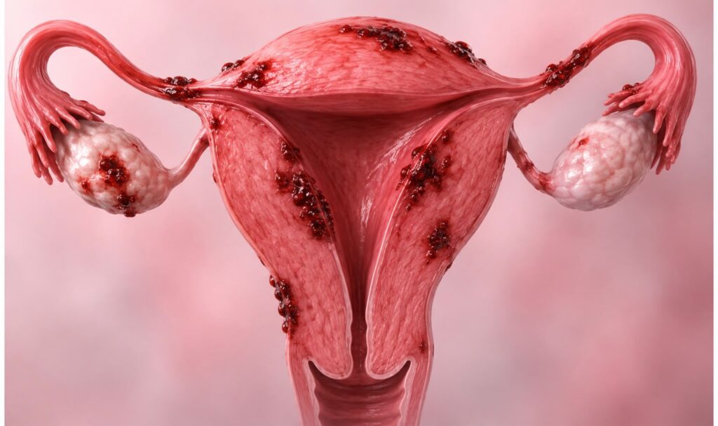 ilustração da endometriose espalhada pelo útero, trompas e ovários (imagem ilustrativa).