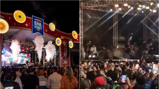 Susto no São João: parte do palco do show de Amado Batista desabou durante festa em Itapetinga, na Bahia.