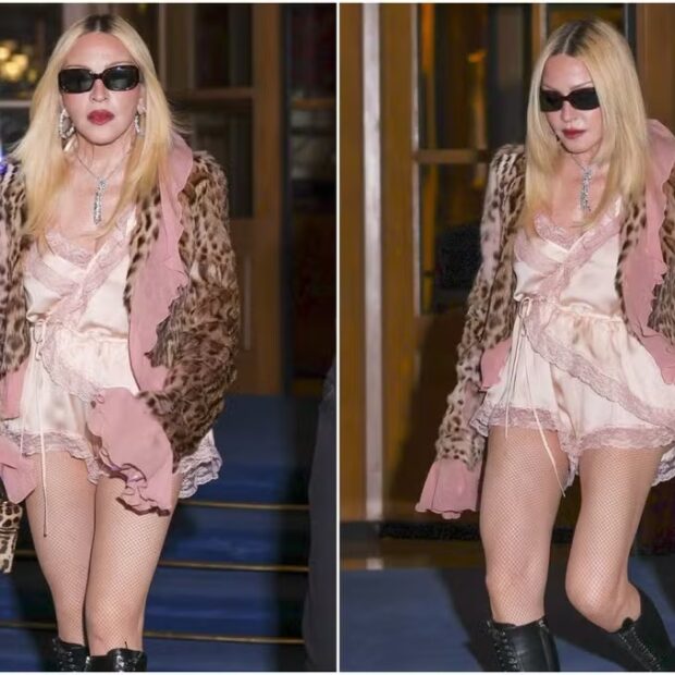 Madonna deixou as pernas à mostra com um conjunto rosa inspirado em pijama