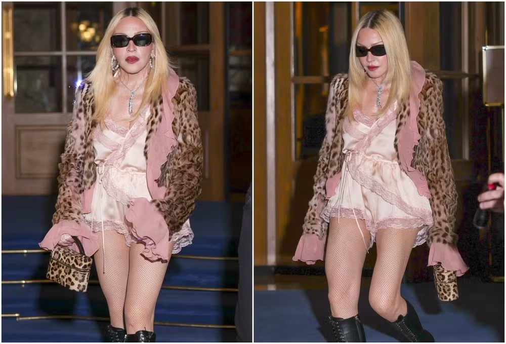 Madonna deixou as pernas à mostra com um conjunto rosa inspirado em pijama