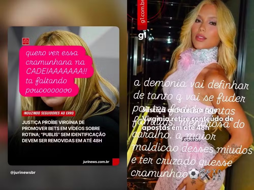 Virginia Fonseca foi alvo de críticas da atriz por sua relação comercial com plataformas de bets
