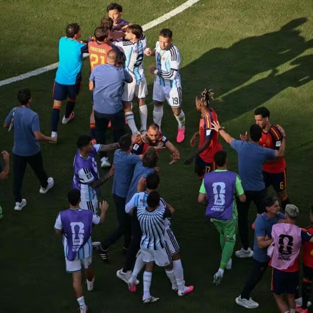 115710029 spain and argentina players have an altercation after spain won the 2026 world cup footbal