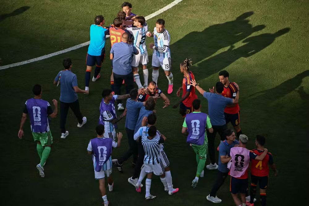115710029 spain and argentina players have an altercation after spain won the 2026 world cup footbal