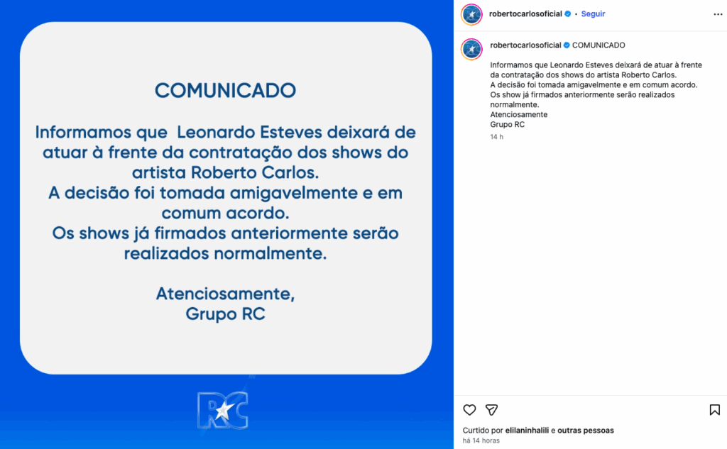 Comunicado do Grupo RC confirma mudança na equipe, mas não revela o motivo da decisão.
Créditos: Reprodução/Instagram
