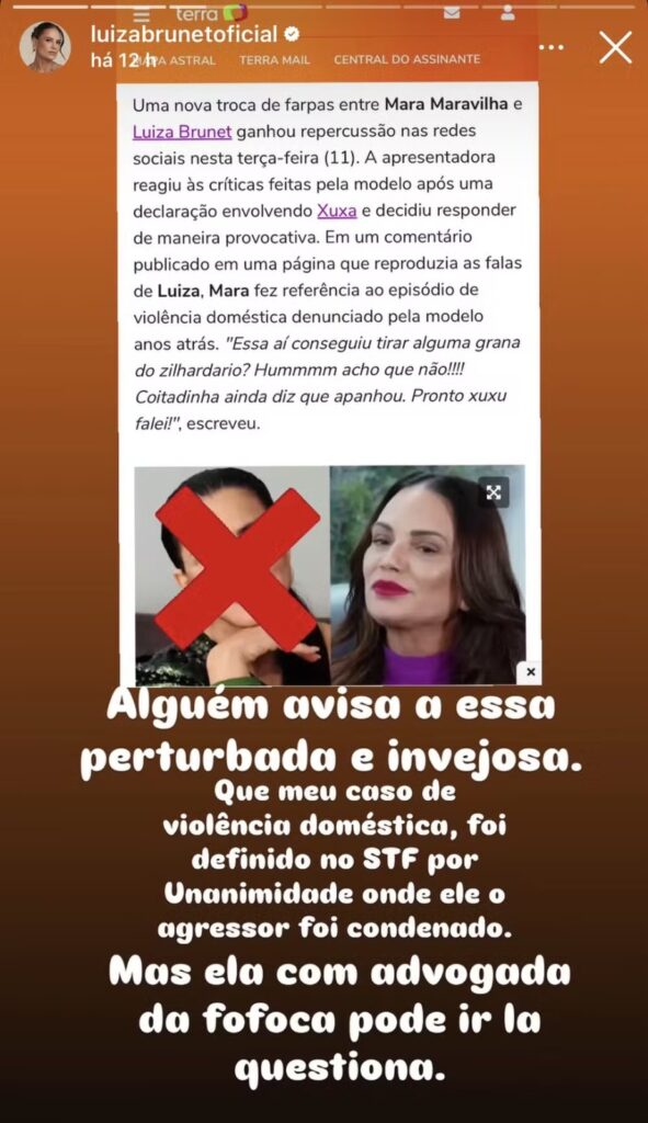 Luiza Brunet afirmou que sua história de violência doméstica não pode ser usada como ataque
