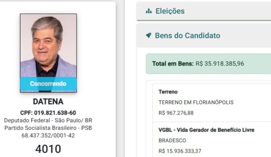 Declaração de bens de Datena em 2026