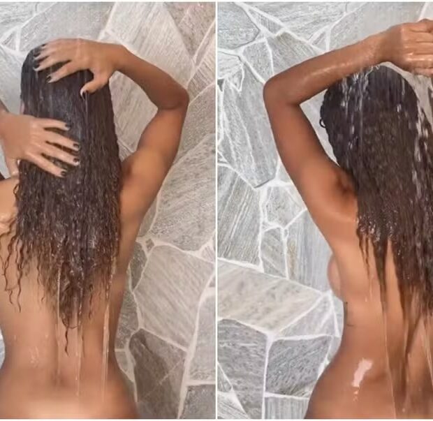 Gabriela Loran apareceu nua durante banho nos Stories e escreveu: “Rotina da manhã”