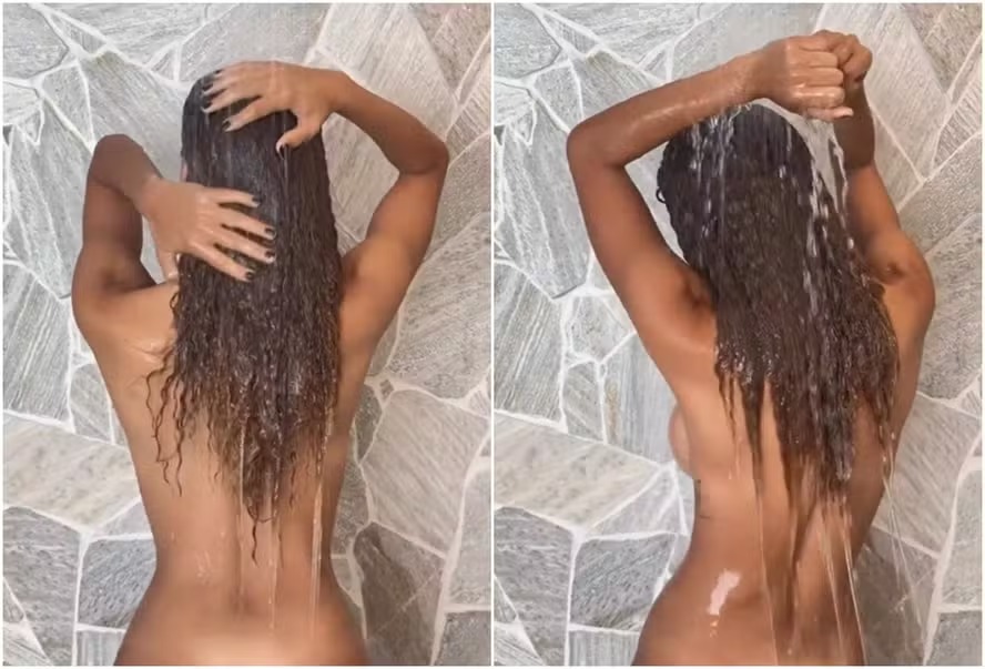 Gabriela Loran apareceu nua durante banho nos Stories e escreveu: “Rotina da manhã”