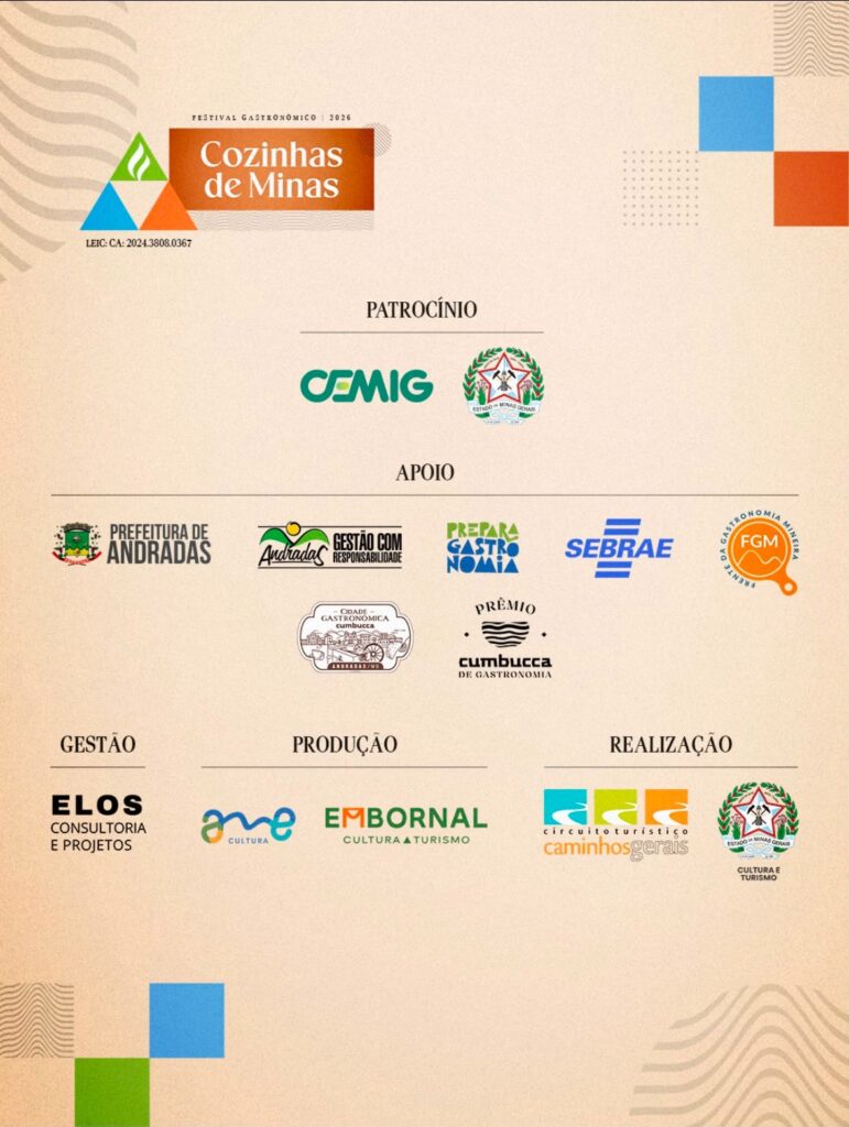 Festival Gastronômico Cozinhas de Minas 2026 será realizado em Andradas, com patrocínio da Cemig e do Governo de Minas Gerais e apoio de instituições ligadas ao turismo e ao desenvolvimento local.