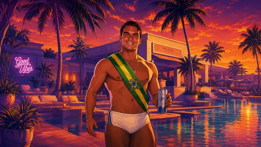 Ilustração de Flávio de sunga branca e faixa presidencial viralizou nas redes