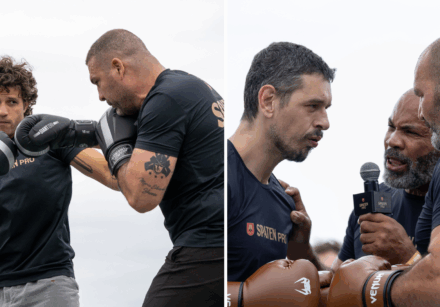 Chay Suede colocou as luvas e encarou Maurício Shogun durante treino aberto no Arpoador. O ator participou da ação que antecede o Spaten Fight Night 3, marcado para o dia 29.
