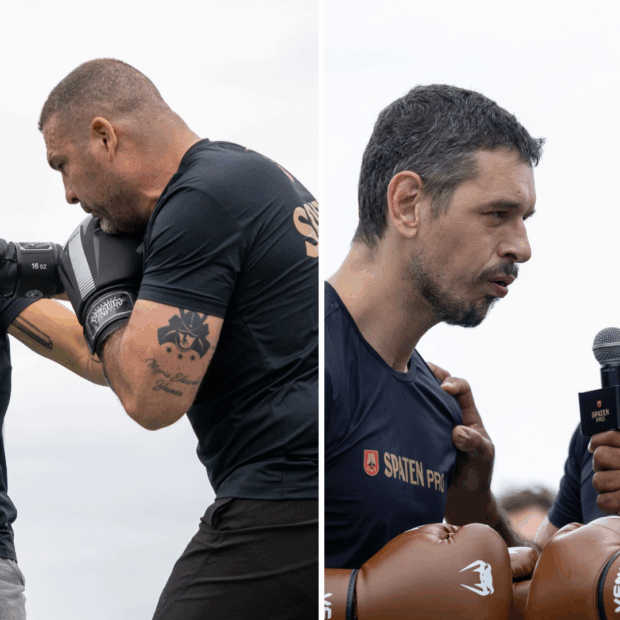 Chay Suede colocou as luvas e encarou Maurício Shogun durante treino aberto no Arpoador. O ator participou da ação que antecede o Spaten Fight Night 3, marcado para o dia 29.