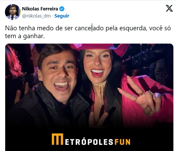 Nikolas publicou recado sobre “cancelamento” após a repercussão do encontro
