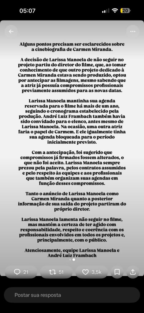 Mudança de planos nos bastidores: Bruno Barreto acelerou o projeto sobre Carmen Miranda, mas Larissa Manoela não conseguiu flexibilizar uma agenda já comprometida.