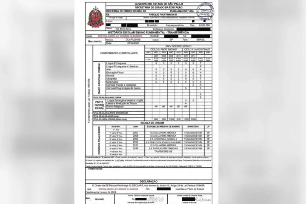 Histórico escolar anexado ao processo registra a conclusão da 7ª série
