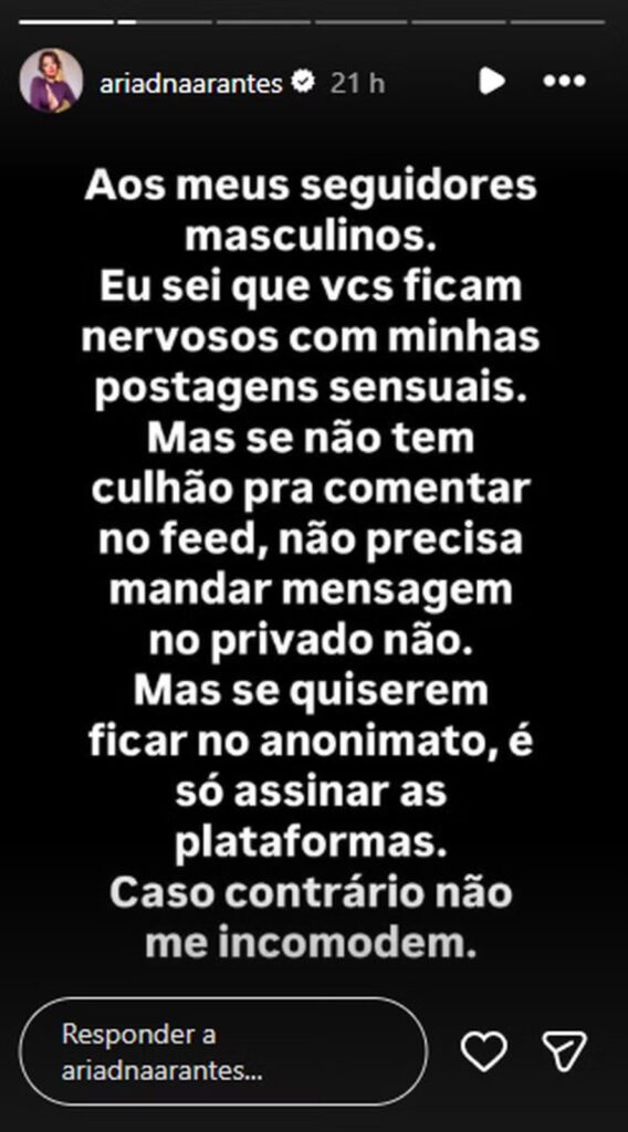 Influenciadora disse que seguidores homens evitam elogiar suas postagens publicamente
